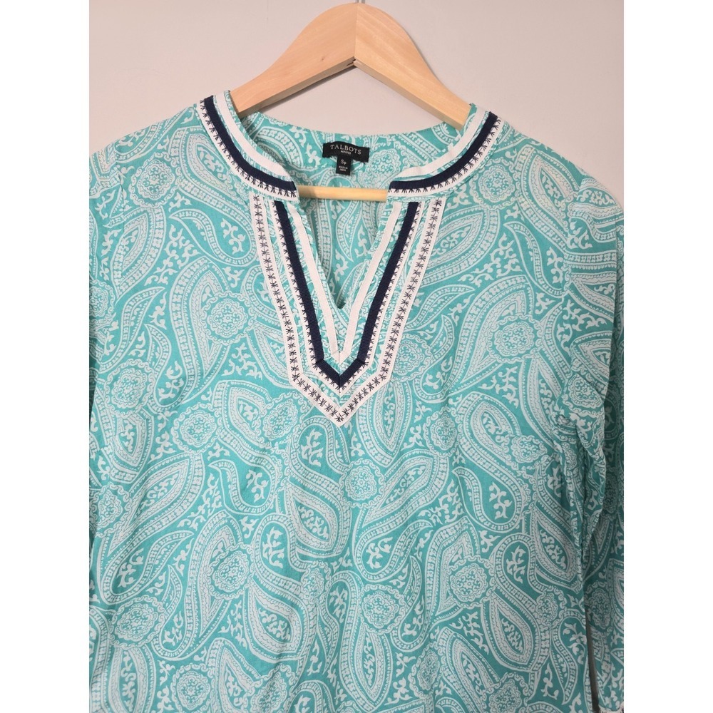 Talbots Women's Paisley Blouse Size S Green Cotton Tunic 3/4 Sleeve Top - Picture 3 of 8